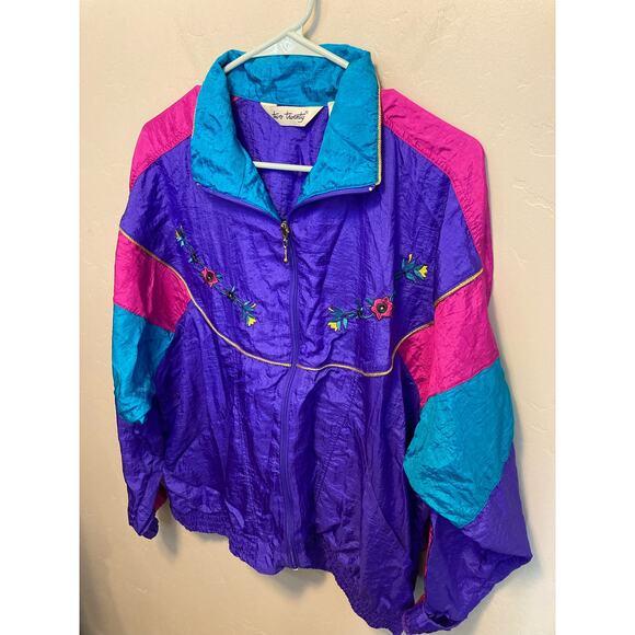 Vintage 80's Two Twenty Floral Embroidered Bright 80's Nylon Windbreaker Large - Picture 5 of 8